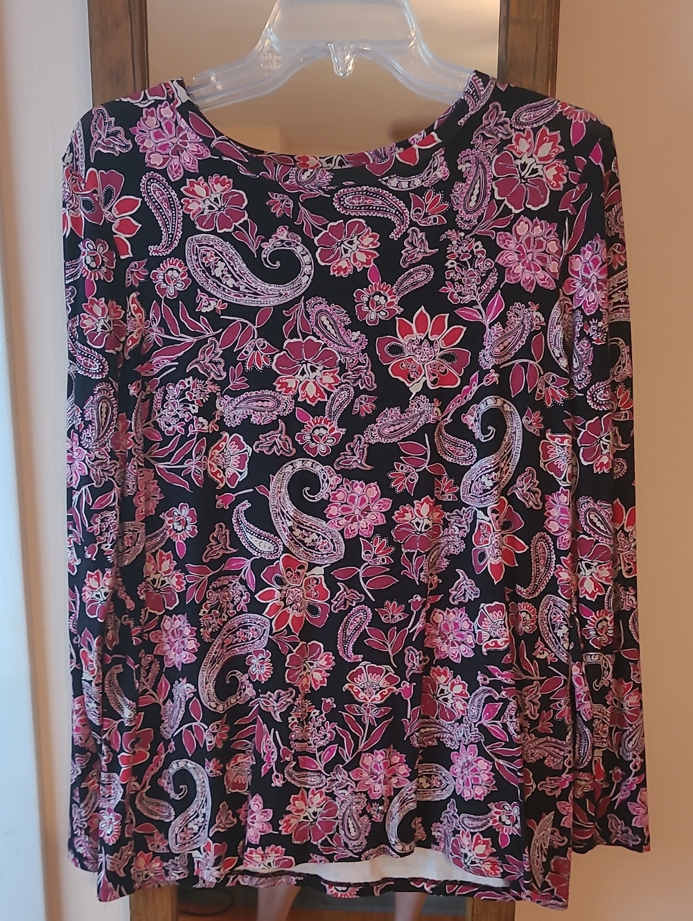 Chico's Black Top with Pink Floral Paisley Print